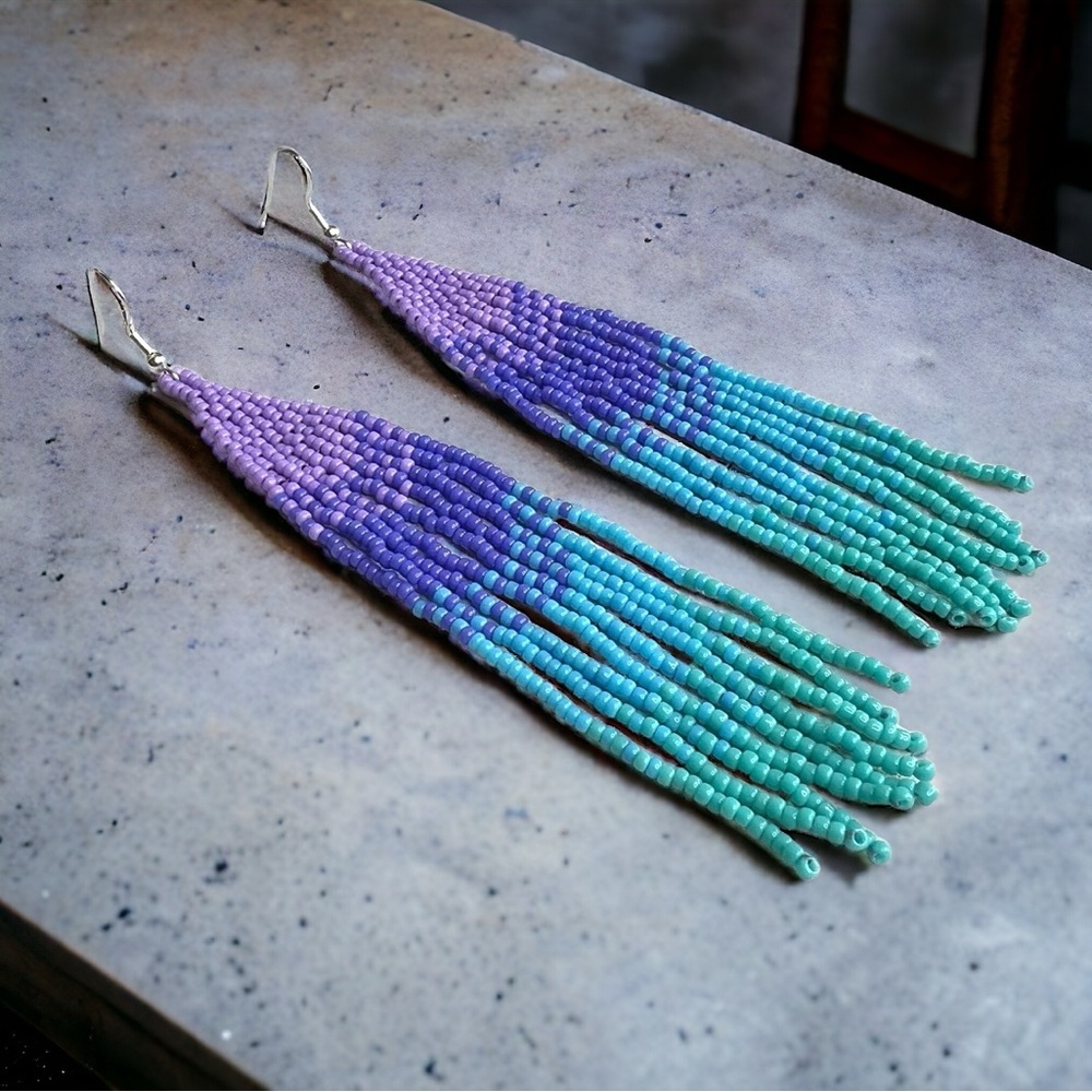 Handmade Seed Bead Beaded Earrings in Purple, Blue, and Turquoise 4.75” Long - Picture 3 of 4